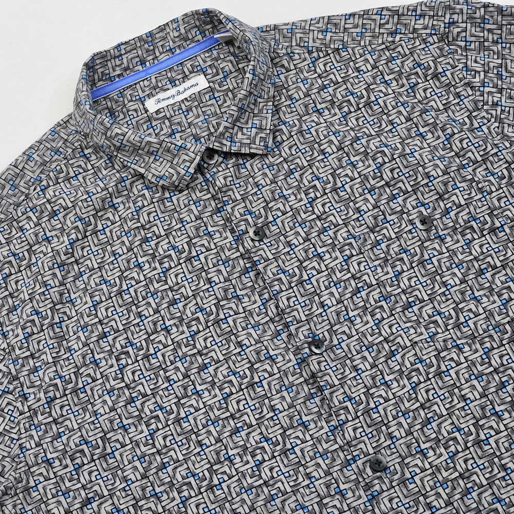 Tommy Bahama Shirt Mens XXL Grey Blue Geometric Silk Hawaiian Resortwear Beach - Picture 1 of 11